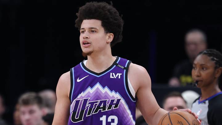 Jan 30, 2026; Salt Lake City, Utah, USA; Utah Jazz guard Walter Clayton Jr. (13) dribbles against the Brooklyn Nets during the first half at Delta Center. Mandatory Credit: Rob Gray-Imagn Images