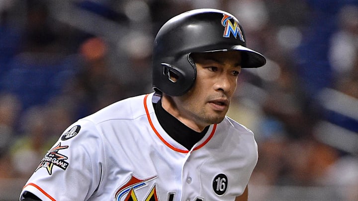Miami Marlins right fielder Ichiro Suzuki runs after recording a hit against the Atlanta Braves on Sept. 28, 2017, at Marlins Park.