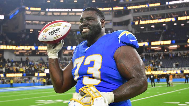 Nov 9, 2025; Inglewood, California, USA; Los Angeles Chargers guard Mekhi Becton (73) reacts after the game against the Pittsburgh Steelers at SoFi Stadium. Mandatory Credit: Gary A. Vasquez-Imagn Images Nov 9, 2025; Inglewood, California, USA; Los Angeles Chargers guard Mekhi Becton (73) reacts after the game against the Pittsburgh Steelers at SoFi Stadium. Mandatory Credit: Gary A. Vasquez-Imagn Images