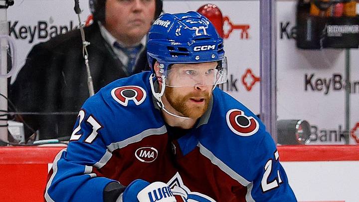 May 13, 2026; Denver, Colorado, USA; Colorado Avalanche defenseman Brett Kulak (27) controls the puck in overtime against the Minnesota Wild in game five of the second round of the 2026 Stanely Cup Playoffs at Ball Arena. Mandatory Credit: Isaiah J. Downing-Imagn Images