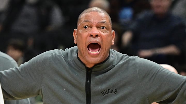 Dec 11, 2025; Milwaukee, Wisconsin, USA;  Milwaukee Bucks head coach Doc Rivers reacts in the third quarter against the Boston Celtics at Fiserv Forum. Mandatory Credit: Benny Sieu-Imagn Images