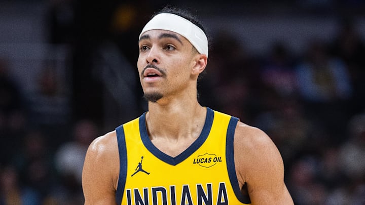 Indiana Pacers guard Andrew Nembhard (2) in the second half against the Cleveland Cavaliers at Gainbridge Fieldhouse. Indiana Pacers guard Andrew Nembhard (2) in the second half against the Cleveland Cavaliers at Gainbridge Fieldhouse.