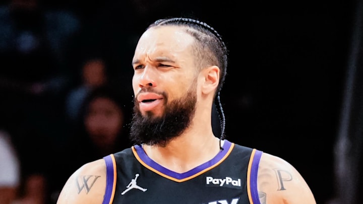 Feb 10, 2026; Phoenix, Arizona, USA; Phoenix Suns guard/forward Dillon Brooks (3) reacts to a call in the second half of the game against the Dallas Mavericks at Mortgage Matchup Center. Mandatory Credit: Arianna Grainey-Imagn Images