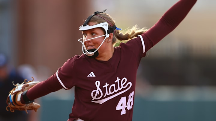 Mississippi State pitcher Delainey Everett winds up for a pitching against No. 13 Texas A&M in College Station, Texas.