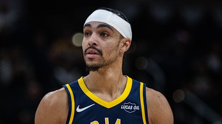 Indiana Pacers guard Andrew Nembhard (2) in the first half against the Atlanta Hawks at Gainbridge Fieldhouse. Indiana Pacers guard Andrew Nembhard (2) in the first half against the Atlanta Hawks at Gainbridge Fieldhouse.