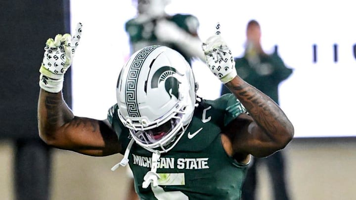 Michigan State's Jordan Hall celebrates after a play against Western Michigan's during the third quarter on Friday, Aug. 29, 2025, in East Lansing. Michigan State's Jordan Hall celebrates after a play against Western Michigan's during the third quarter on Friday, Aug. 29, 2025, in East Lansing.