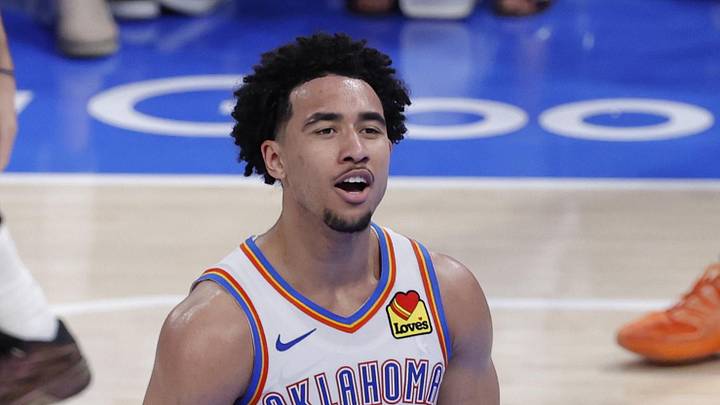 May 26, 2026; Oklahoma City, Oklahoma, USA; Oklahoma City Thunder guard Jared McCain (3) reacts after a play during the fourth quarter against the San Antonio Spurs in game five of the western conference finals for the 2026 NBA playoffs at Paycom Center. Mandatory Credit: Alonzo Adams-Imagn Images