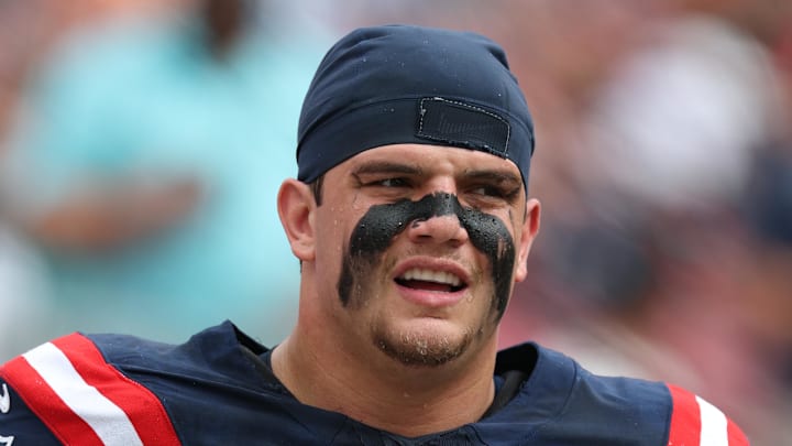 Nov 9, 2025; Tampa, Florida, USA; New England Patriots offensive tackle Will Campbell (66) warms up before a game against the Tampa Bay Buccaneers at Raymond James Stadium. Mandatory Credit: Nathan Ray Seebeck-Imagn Images