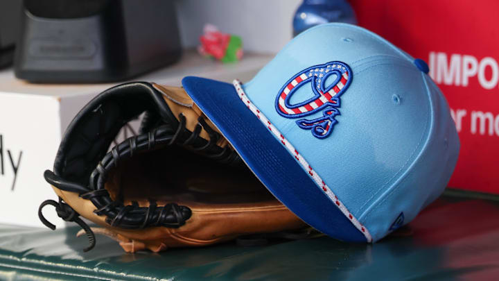 Jul 4, 2025; Atlanta, Georgia, USA; A detailed view of the Baltimore Orioles 4th of July hat in the dugout against the Atlanta Braves in the third inning at Truist Park. 