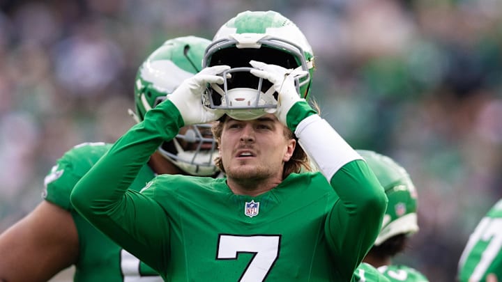 Dec 29, 2024; Philadelphia, Pennsylvania, USA; Philadelphia Eagles quarterback Kenny Pickett (7) looks on during the second quarter against the Dallas Cowboys at Lincoln Financial Field. Mandatory Credit: Bill Streicher-Imagn Images