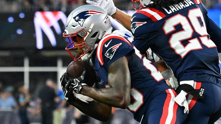 Aug 13, 2026; Foxborough, Massachusetts, USA; New England Patriots cornerback Kindle Vildor (28) intercepts a pass to Indianapolis Colts wide receiver Coleman Owen (9) during the first half at Gillette Stadium. Mandatory Credit: Eric Canha-Imagn Images Aug 13, 2026; Foxborough, Massachusetts, USA; New England Patriots cornerback Kindle Vildor (28) intercepts a pass to Indianapolis Colts wide receiver Coleman Owen (9) during the first half at Gillette Stadium. Mandatory Credit: Eric Canha-Imagn Images