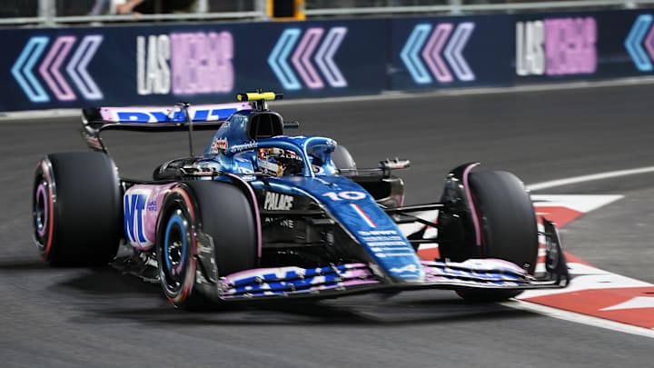 Nov 17, 2023; Las Vegas, Nevada, USA;   BWT Alpine F1 driver Pierre Gasly (10) of France drives during the qualifiers at the Las Vegas Strip Circuit. Mandatory Credit: Lucas Peltier-USA TODAY Sports