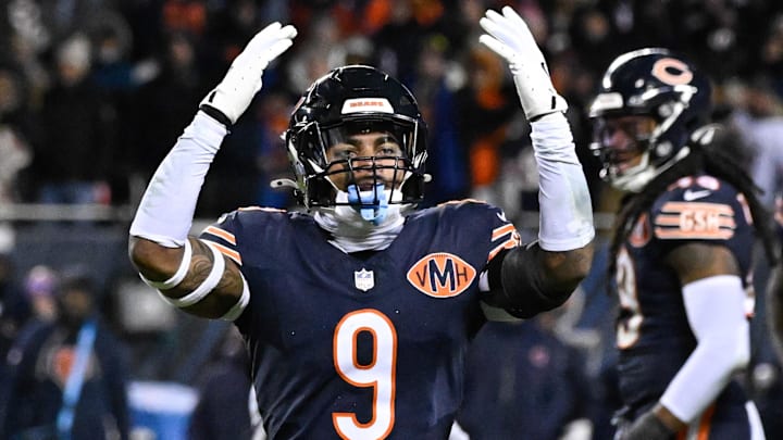 Jan 10, 2026; Chicago, IL, USA; in Chicago Bears safety Jaquan Brisker (9) reacts after a flag against the Green Bay Packers during an NFC Wild Card Round game at Soldier Field.