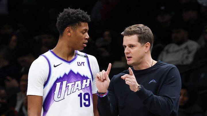 Dec 4, 2025; Brooklyn, New York, USA; Utah Jazz head coach Will Hardy talk with Utah Jazz guard Ace Bailey (19) against the Brooklyn Nets during the third quarter at Barclays Center. Mandatory Credit: Tom Horak-Imagn Images Dec 4, 2025; Brooklyn, New York, USA; Utah Jazz head coach Will Hardy talk with Utah Jazz guard Ace Bailey (19) against the Brooklyn Nets during the third quarter at Barclays Center. Mandatory Credit: Tom Horak-Imagn Images
