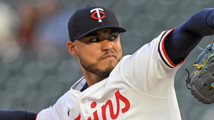 Sep 17, 2025; Minneapolis, Minnesota, USA;  Minnesota Twins starting pitcher Taj Bradley (26) delivers a pitch against the New York Yankees during the first inning at Target Field. Mandatory Credit: Nick Wosika-Imagn Images