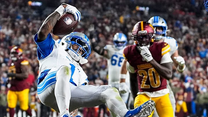 Detroit Lions wide receiver Jameson Williams (1) celebrates a touchdown against Washington Commanders during the second half at Northwest Stadium in Landover, Md. on Sunday, November 9, 2025.