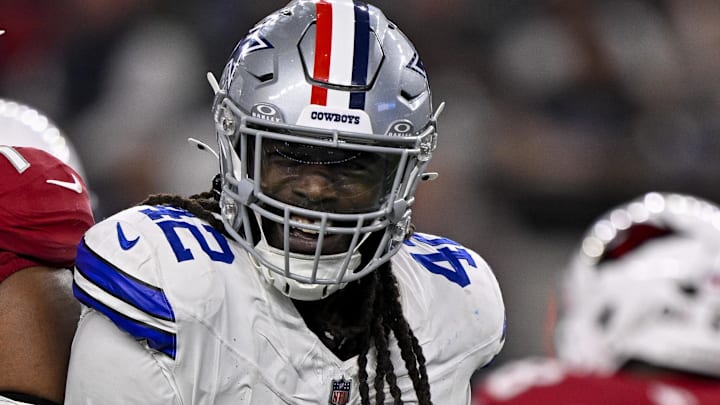 Nov 3, 2025; Arlington, Texas, USA; Dallas Cowboys defensive end Jadeveon Clowney (42) celebrates after he sacks Arizona Cardinals quarterback Jacoby Brissett (7) during the game between the Dallas Cowboys and the Arizona Cardinals at AT&T Stadium.
