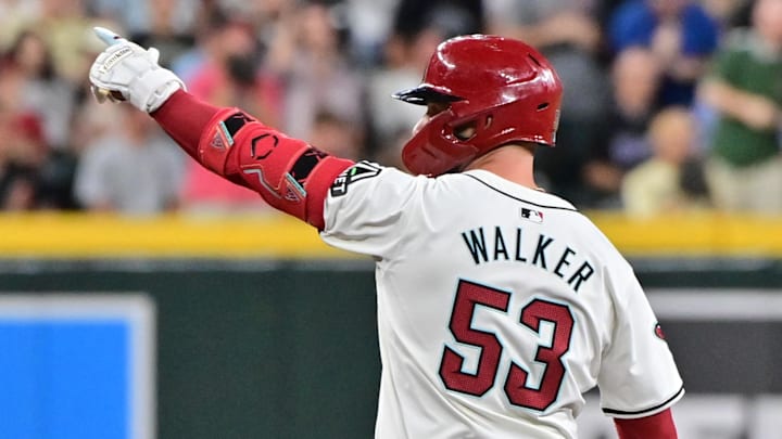 Sep 25, 2024; Phoenix, Arizona, USA; Arizona Diamondbacks first base Christian Walker (53) celebrates a double in the second inning against the San Francisco Giants at Chase Field.