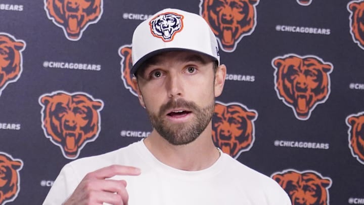 May 10, 2025; Lake Forest, IL, USA; Chicago Bears offensive coordinator Declan Doyle answers questions after rookie minicamp at Halas Hall. Mandatory Credit: David Banks-Imagn Images