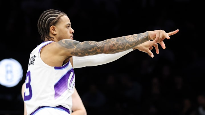 Dec 4, 2025; Brooklyn, New York, USA; Utah Jazz guard Keyonte George (3) reacts after a three point shot against Brooklyn Nets during the fourth quarter at Barclays Center. Mandatory Credit: Tom Horak-Imagn Images Dec 4, 2025; Brooklyn, New York, USA; Utah Jazz guard Keyonte George (3) reacts after a three point shot against Brooklyn Nets during the fourth quarter at Barclays Center. Mandatory Credit: Tom Horak-Imagn Images