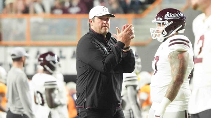 Mississippi State Bulldogs head coach Jeff Lebby reacts before a game against the Tennessee Volunteers at Neyland Stadium. Mississippi State Bulldogs head coach Jeff Lebby reacts before a game against the Tennessee Volunteers at Neyland Stadium.