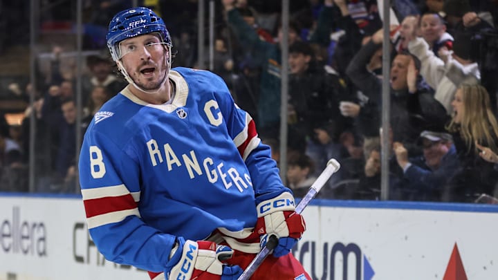 Dec 13, 2025; New York, New York, USA;  New York Rangers center J.T. Miller (8) at Madison Square Garden. Mandatory Credit: Wendell Cruz-Imagn Images