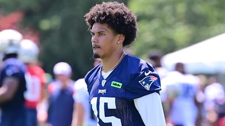 Jul 26, 2024; Foxborough, MA, USA; New England Patriots safety Marte Mapu (15) after practices at training camp at Gillette Stadium. Mandatory Credit: Eric Canha-Imagn Images