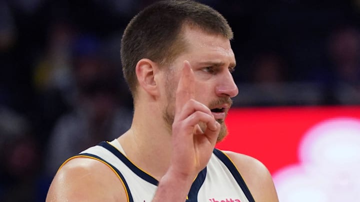 Feb 22, 2026; San Francisco, California, USA;  Denver Nuggets center Nikola Jokic (15) waits for play to resume against the Golden State Warriors in the third quarter at Chase Center. Mandatory Credit: David Gonzales-Imagn Images