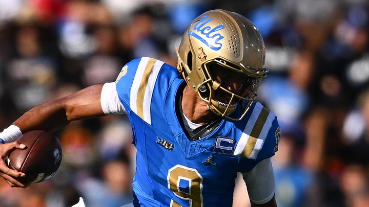 Sep 12, 2026; Pasadena, California, USA; UCLA quarterback Nico Iamaleava (9) runs with the ball while under pressure from San Diego State linebacker Tano Letuli (21) during the first half at the Rose Bowl. Mandatory Credit: William Liang-Imagn Images Sep 12, 2026; Pasadena, California, USA; UCLA quarterback Nico Iamaleava (9) runs with the ball while under pressure from San Diego State linebacker Tano Letuli (21) during the first half at the Rose Bowl. Mandatory Credit: William Liang-Imagn Images