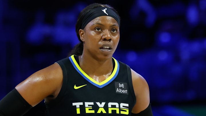 Aug 10, 2025; Arlington, Texas, USA; Dallas Wings guard Arike Ogunbowale (24) reacts against the Washington Mystics during the second half at College Park Center. Mandatory Credit: Chris Jones-Imagn Images
