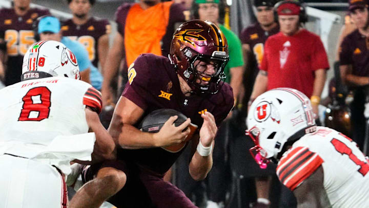 Arizona State Sun Devils quarterback Sam Leavitt (10) is injured on this tackle against the Utah Utes in the first half at Mountain America Stadium in Tempe on Oct. 11, 2024.