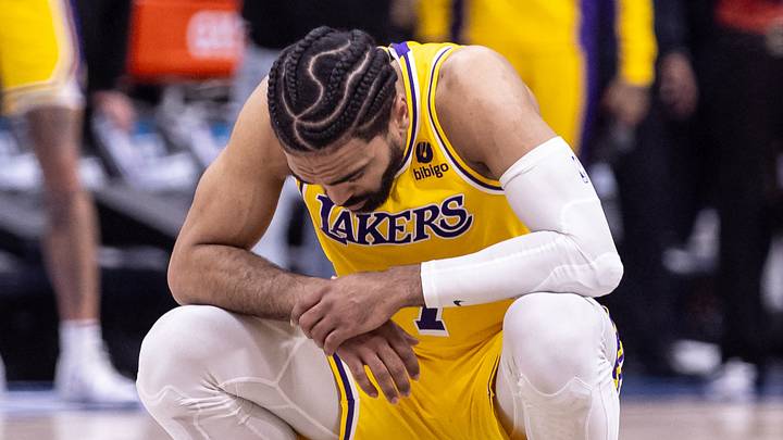 Apr 16, 2024; New Orleans, Louisiana, USA; Los Angeles Lakers guard Gabe Vincent (7) reacts in the second half against the New Orleans Pelicans in a play-in game of the 2024 NBA playoffs at Smoothie King Center. Mandatory Credit: Stephen Lew-USA TODAY Sports