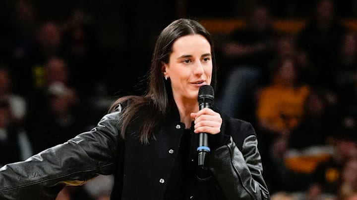 Caitlin Clark addresses the crowd during her jersey retirement ceremony Sunday, Feb. 2, 2025 at Carver-Hawkeye Arena in Iowa City, Iowa.
