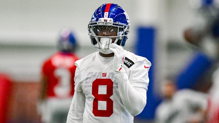 Jun 17, 2025; East Rutherford, NJ, USA; New York Giants safety Jevon Holland (8) participates in a drill during minicamp at Quest Diagnostics Training Center. Mandatory Credit: John Jones-Imagn Images