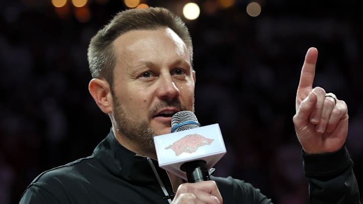Arkansas Razorbacks new football coach Ryan Silverfield speaks to the crowd during halftime against the Louisville Cardinals at Bud Walton Arena.