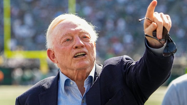 Dallas Cowboys Owner, President and general manager Jerry Jones stands on the field prior to a game against the New York Jets at MetLife Stadium.