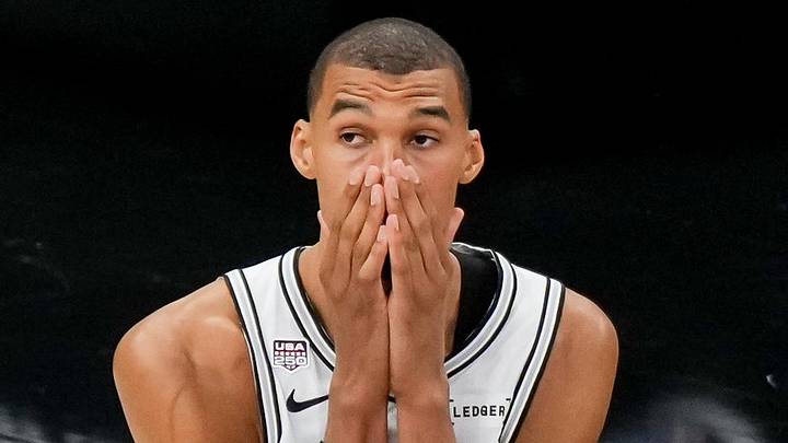Jun 13, 2026; San Antonio, Texas, USA; San Antonio Spurs forward Victor Wembanyama (1) reacts after a play against the New York Knicks in the second half during game five of the 2026 NBA Finals at Frost Bank Center. Mandatory Credit: Scott Wachter-Imagn Images