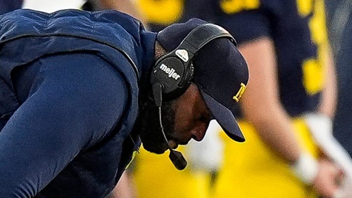 Michigan head coach Sherrone Moore takes the moment on the sideline after Oregon scored a field goal against Michigan during the second half at Michigan Stadium in Ann Arbor on Saturday, Nov. 2, 2024. Michigan head coach Sherrone Moore takes the moment on the sideline after Oregon scored a field goal against Michigan during the second half at Michigan Stadium in Ann Arbor on Saturday, Nov. 2, 2024.
