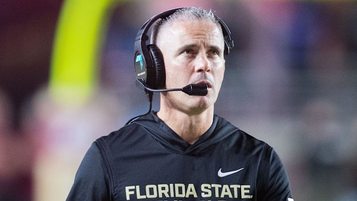 Florida State Seminoles head coach Mike Norvell walks down the field. The Miami Hurricanes lead the Florida State Seminoles 14-3 at the half on Saturday, Oct. 4, 2025.