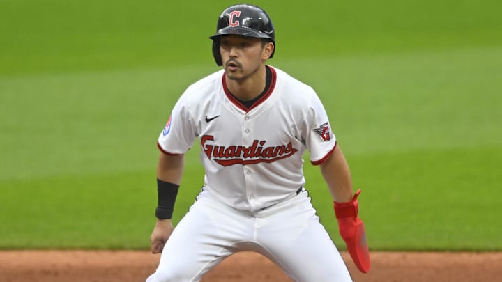 May 13, 2025; Cleveland, Ohio, USA; Cleveland Guardians left fielder Steven Kwan (38) stands on the infield in the third inning against the Milwaukee Brewers at Progressive Field. Mandatory Credit: David Richard-Imagn Images