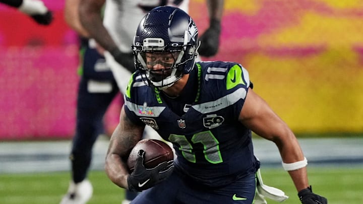 Feb 8, 2026; Santa Clara, CA, USA; Seattle Seahawks wide receiver Jaxon Smith-Njigba (11) runs the ball during the third quarter against the New England Patriots in Super Bowl LX at Levi's Stadium. Mandatory Credit: Cary Edmondson-Imagn Images