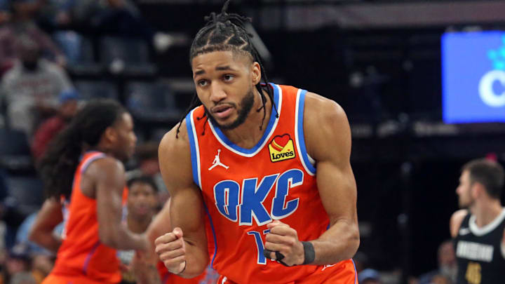 Mar 16, 2024; Memphis, Tennessee, USA; Oklahoma City Thunder guard Isaiah Joe (11) reacts during the second half against the Memphis Grizzlies at FedExForum. Mandatory Credit: Petre Thomas-Imagn Images Mar 16, 2024; Memphis, Tennessee, USA; Oklahoma City Thunder guard Isaiah Joe (11) reacts during the second half against the Memphis Grizzlies at FedExForum. Mandatory Credit: Petre Thomas-Imagn Images