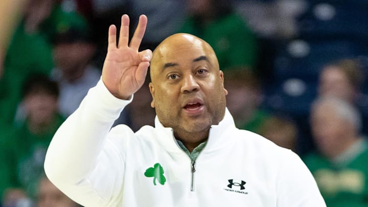 Feb 7, 2026; South Bend, Indiana, USA; Notre Dame Fighting Irish head coach Micah Shrewsberry calls a play against the Florida State Seminoles during the first half at Purcell Pavilion at the Joyce Center. 