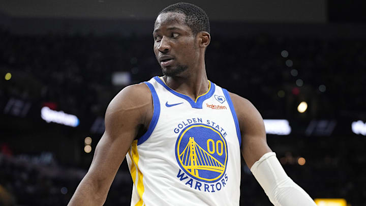 Mar 11, 2024; San Antonio, Texas, USA; Golden State Warriors forward Jonathan Kuminga (00) reacts to a call by an official during the first half against the San Antonio Spurs at Frost Bank Center. Mandatory Credit: Scott Wachter-Imagn Images