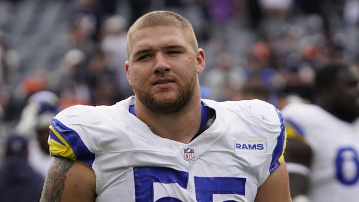 Sep 29, 2024; Chicago, Illinois, USA; Los Angeles Rams defensive tackle Braden Fiske (55) in a game against the Chicago Bears at Soldier Field. Mandatory Credit: David Banks-Imagn Images