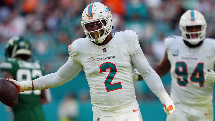 Dec 17, 2023; Miami Gardens, Florida, USA; Miami Dolphins linebacker Bradley Chubb (2) celebrates after recovering a fumble during the second half against the New York Jets at Hard Rock Stadium. Mandatory Credit: Jasen Vinlove-Imagn Images Dec 17, 2023; Miami Gardens, Florida, USA; Miami Dolphins linebacker Bradley Chubb (2) celebrates after recovering a fumble during the second half against the New York Jets at Hard Rock Stadium. Mandatory Credit: Jasen Vinlove-Imagn Images