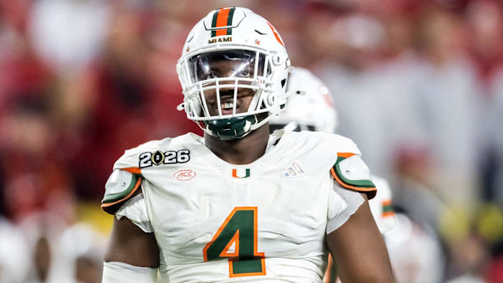 Jan 19, 2026; Miami Gardens, FL, USA; Miami Hurricanes defensive lineman Rueben Bain Jr. (4) against the Indiana Hoosiers during the College Football Playoff National Championship game at Hard Rock Stadium. Mandatory Credit: Mark J. Rebilas-Imagn Images