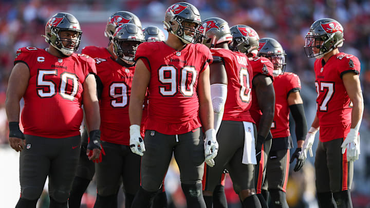 Dec 31, 2023; Tampa, Florida, USA; Tampa Bay Buccaneers defensive tackle Vita Vea (50) defensive end Logan Hall (90) and cornerback Zyon McCollum (27) line up against the New Orleans Saints in the third quarter at Raymond James Stadium. Dec 31, 2023; Tampa, Florida, USA; Tampa Bay Buccaneers defensive tackle Vita Vea (50) defensive end Logan Hall (90) and cornerback Zyon McCollum (27) line up against the New Orleans Saints in the third quarter at Raymond James Stadium.
