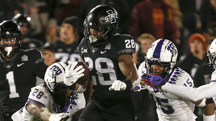 Iowa State junior running back Breece Hall runs the ball for a touchdown in the fourth quarter against TCU on Friday, Nov. 26, 2021, at Jack Trice Stadium in Ames.