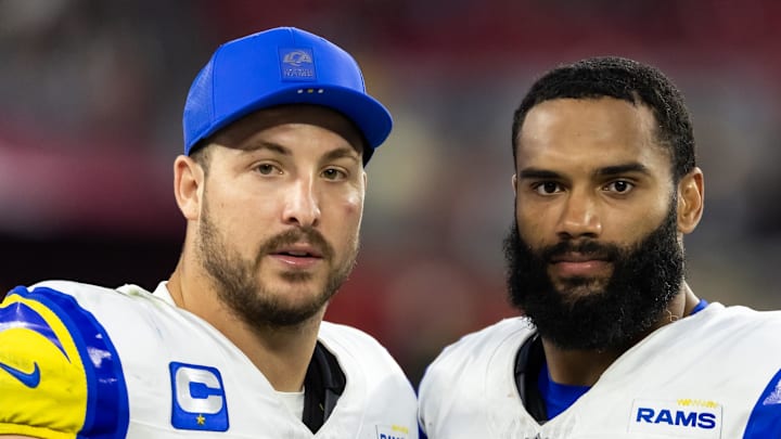 Dec 7, 2025; Glendale, Arizona, USA; Los Angeles Rams linebacker Nate Landman (53) and Omar Speights (48) against the Arizona Cardinals at State Farm Stadium. Mandatory Credit: Mark J. Rebilas-Imagn Images Dec 7, 2025; Glendale, Arizona, USA; Los Angeles Rams linebacker Nate Landman (53) and Omar Speights (48) against the Arizona Cardinals at State Farm Stadium. Mandatory Credit: Mark J. Rebilas-Imagn Images